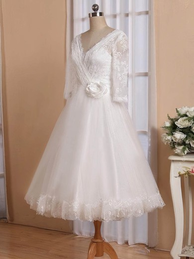 A-line V-neck Tulle Tea-length Flower(s) 3/4 Sleeve Cheap Wedding Dresses #Milly00022826