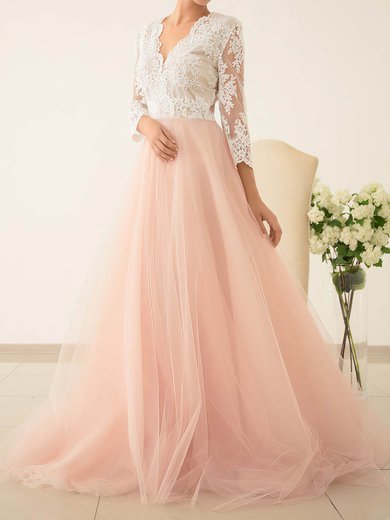 Ball Gown/Princess V-neck Tulle Sweep Train Wedding Dresses With Appliques Lace #Milly00022828