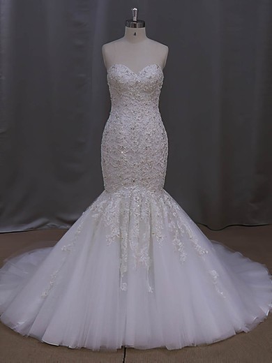 Trumpet/Mermaid Sweetheart Tulle Court Train Appliques Lace Online Wedding Dresses #Milly00022829