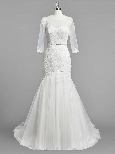 Modest Trumpet/Mermaid Scoop Neck Tulle Sweep Train Appliques Lace 3/4 Sleeve Wedding Dresses #Milly00022833