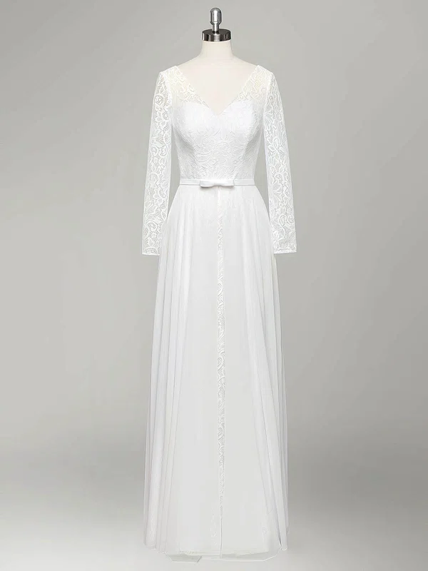 A-line V-neck Lace Chiffon Floor-length Wedding Dresses With Sashes / Ribbons #Milly00022834