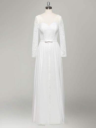 A-line V-neck Lace Chiffon Floor-length Sashes / Ribbons Long Sleeve Cheap Wedding Dresses #Milly00022834