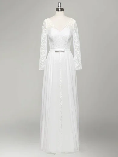 A-line V-neck Lace Chiffon Floor-length Wedding Dresses With Sashes / Ribbons #Milly00022834