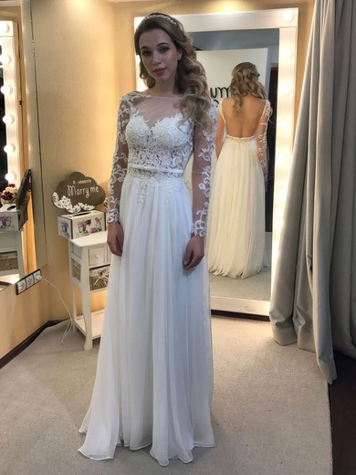 A-line Illusion Chiffon Floor-length Wedding Dresses With Appliques Lace #Milly00022836