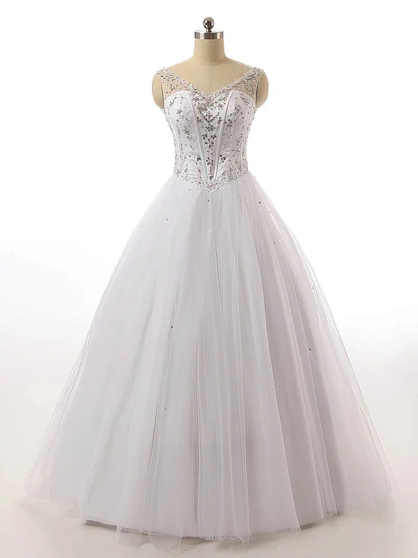 Ball Gown V-neck Tulle Floor-length Wedding Dresses With Appliques Lace #Milly00022842