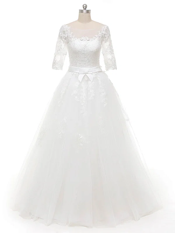 Ball Gown Illusion Tulle Floor-length Wedding Dresses With Appliques Lace #Milly00022844