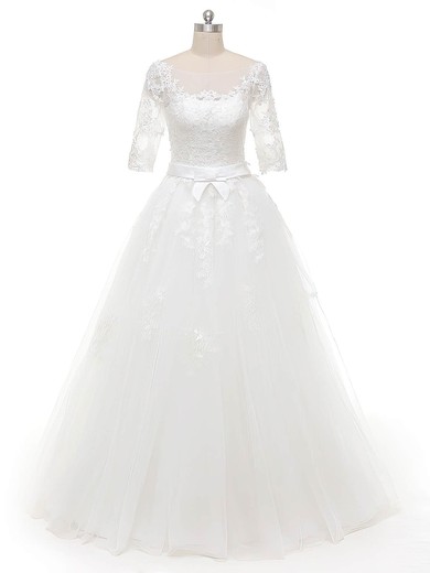 Original Ball Gown Scoop Neck Tulle Floor-length Appliques Lace White 1/2 Sleeve Wedding Dresses #Milly00022844