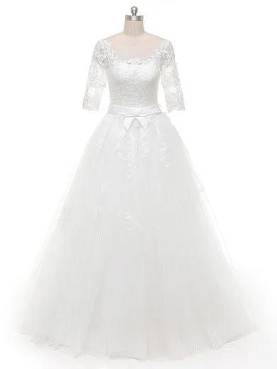 Ball Gown/Princess Illusion Tulle Floor-length Wedding Dresses With Appliques Lace #Milly00022844