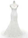 Trumpet/Mermaid High Neck Tulle Sweep Train Wedding Dresses With Appliques Lace #Milly00022846