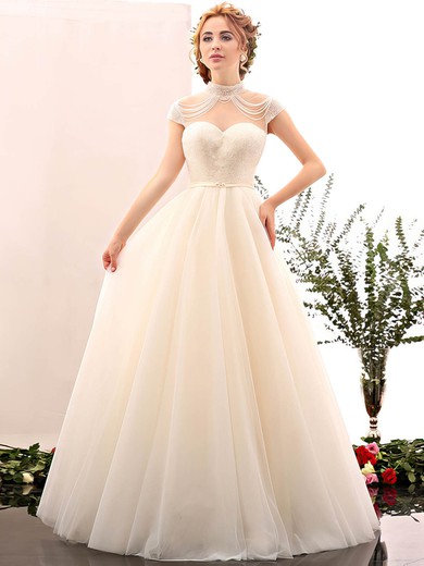 Fabulous Ball Gown High Neck Tulle Floor-length Beading Open Back Wedding Dresses #Milly00022848