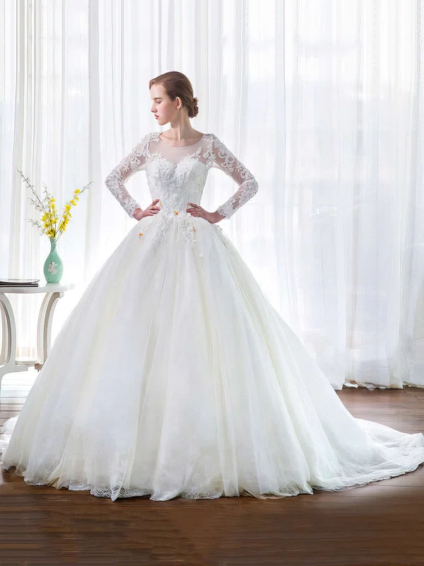Ball Gown Illusion Tulle Chapel Train Wedding Dresses With Appliques Lace #Milly00022851