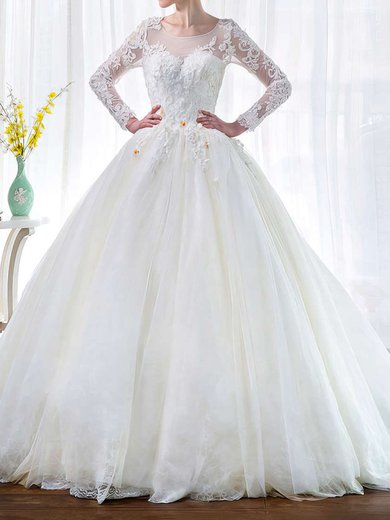 Ball Gown Illusion Tulle Chapel Train Wedding Dresses With Appliques Lace #Milly00022851