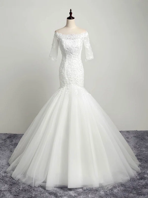 Trumpet/Mermaid Off-the-shoulder Tulle Sweep Train Wedding Dresses With Appliques Lace #Milly00022853