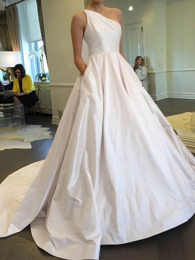 Ball Gown/Princess One Shoulder Satin Sweep Train Wedding Dresses With Pockets #Milly00022855