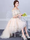 Pretty A-line Off-the-shoulder Organza Tulle Asymmetrical Appliques Lace 1/2 Sleeve High Low Wedding Dresses #Milly00022857