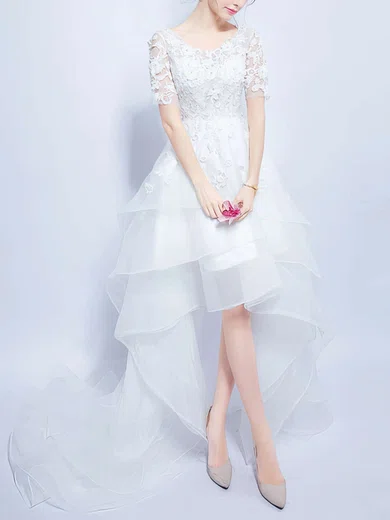 A-line V-neck Organza Asymmetrical Wedding Dresses With Tiered #Milly00022858