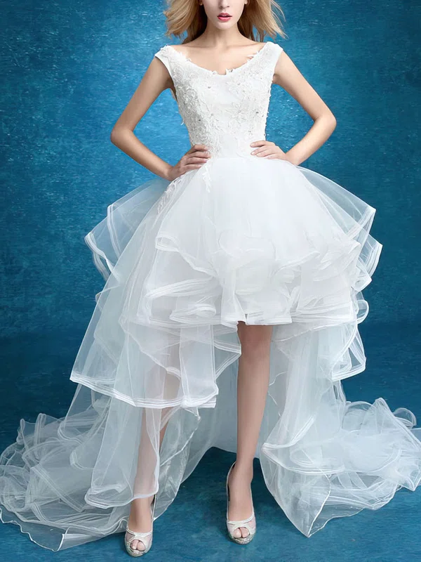 A-line V-neck Tulle Asymmetrical Wedding Dresses With Tiered #Milly00022859