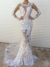 Trumpet/Mermaid Illusion Tulle Sweep Train Wedding Dresses With Appliques Lace #Milly00022861