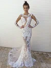 Trumpet/Mermaid Illusion Tulle Sweep Train Wedding Dresses With Appliques Lace #Milly00022861