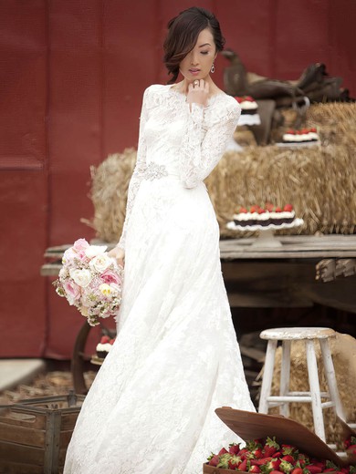 Newest A-line Scoop Neck Lace Floor-length Sashes / Ribbons Long Sleeve Wedding Dresses #Milly00022862