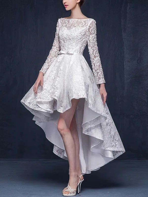 A-line Illusion Lace Asymmetrical Wedding Dresses With Beading #Milly00022863