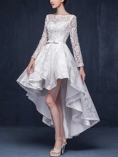 A-line Illusion Lace Asymmetrical Wedding Dresses With Beading #Milly00022863