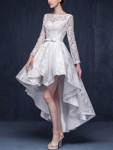 A-line Scoop Neck Lace Asymmetrical Beading Long Sleeve High Low Different Wedding Dresses #Milly00022863