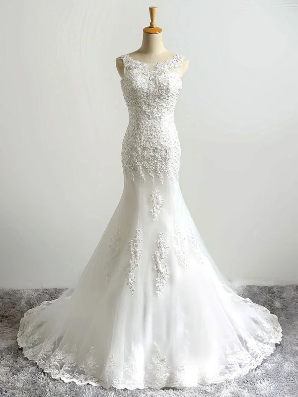 Trumpet/Mermaid Illusion Tulle Sweep Train Wedding Dresses With Appliques Lace #Milly00022864