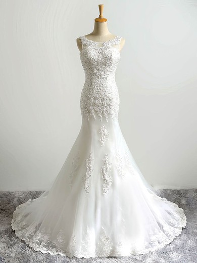 Wholesale Trumpet/Mermaid Scoop Neck Tulle Sweep Train Sequins Lace-up Wedding Dresses #Milly00022864