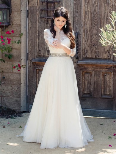 A-line Scoop Neck Tulle Floor-length Appliques Lace 3/4 Sleeve Beautiful Wedding Dresses #Milly00022865