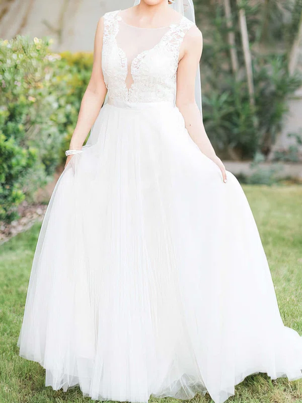 A-line Illusion Tulle Sweep Train Wedding Dresses With Appliques Lace #Milly00022866