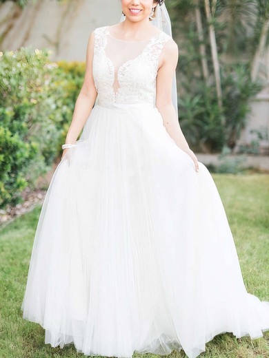 A-line Illusion Tulle Sweep Train Wedding Dresses With Appliques Lace #Milly00022866