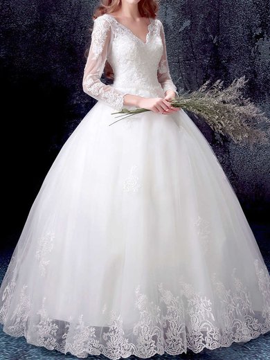 Ball Gown V-neck Tulle Floor-length Wedding Dresses With Appliques Lace #Milly00022871