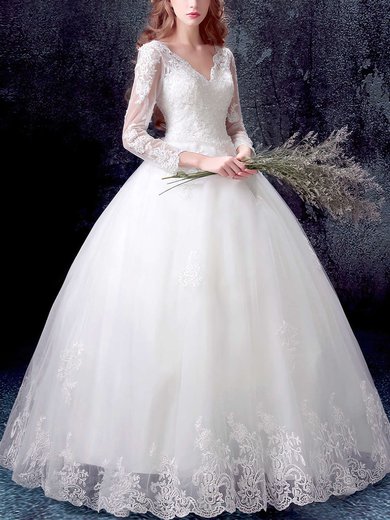 Ball Gown V-neck Tulle Floor-length Appliques Lace White 3/4 Sleeve Prettiest Wedding Dresses #Milly00022871