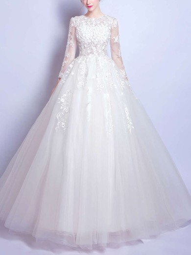 Ball Gown Illusion Tulle Floor-length Wedding Dresses With Appliques Lace #Milly00022872