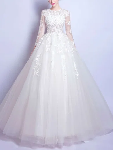 Ball Gown/Princess Illusion Tulle Floor-length Wedding Dresses With Appliques Lace #Milly00022872