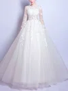 Famous Ball Gown Scoop Neck Tulle Floor-length Appliques Lace Long Sleeve Wedding Dresses #Milly00022872