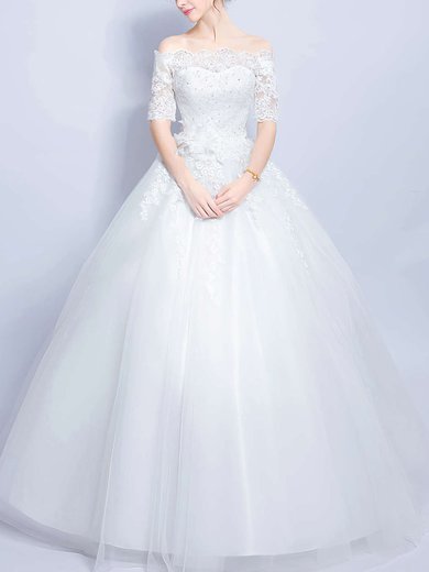 Sweet Ball Gown Off-the-shoulder Tulle Floor-length Appliques Lace 1/2 Sleeve Wedding Dresses #Milly00022873