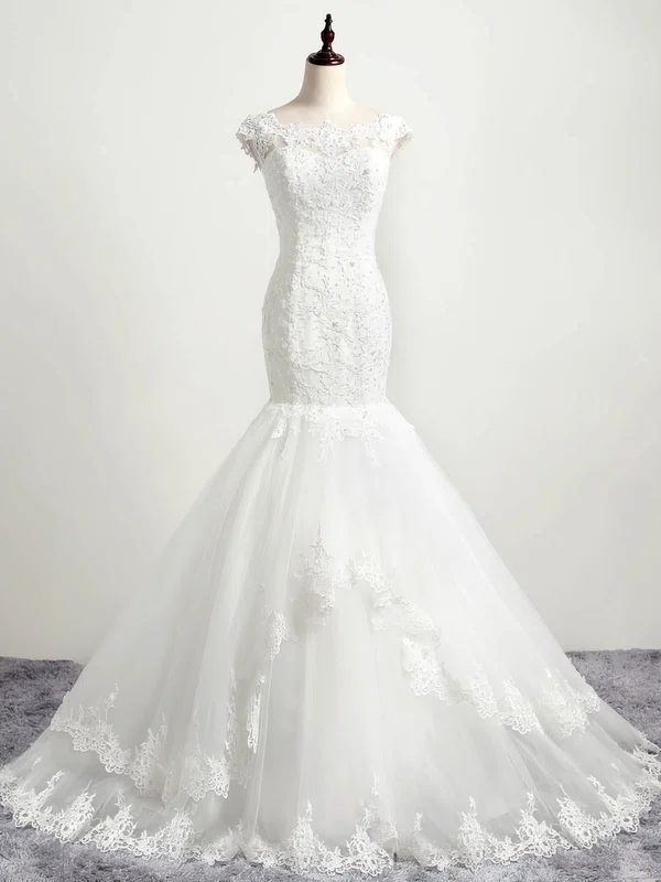 Trumpet/Mermaid Illusion Tulle Sweep Train Wedding Dresses With Appliques Lace #Milly00022874