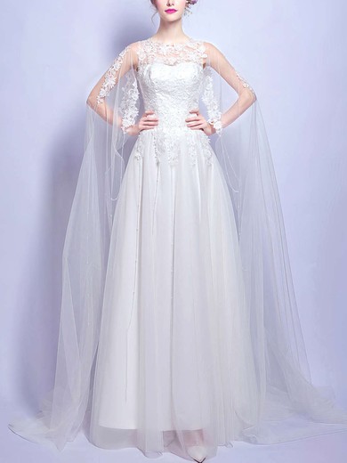 A-line Illusion Tulle Floor-length Wedding Dresses With Appliques Lace #Milly00022875