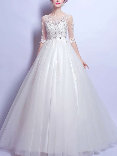 Classy Ball Gown Scoop Neck Tulle Floor-length Appliques Lace 1/2 Sleeve Wedding Dresses #Milly00022876