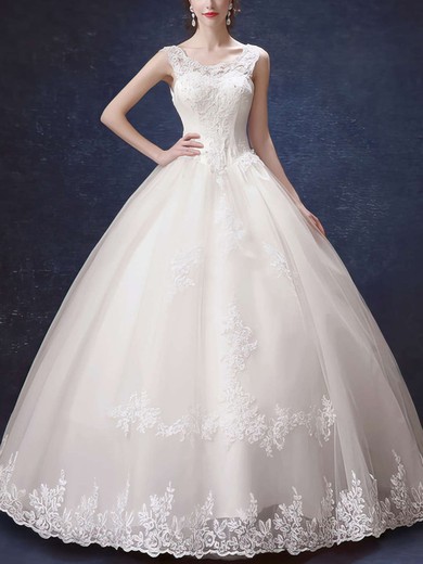 Ball Gown Illusion Tulle Floor-length Wedding Dresses With Appliques Lace #Milly00022877