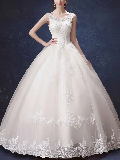 Ball Gown/Princess Illusion Tulle Floor-length Wedding Dresses With Appliques Lace #Milly00022877