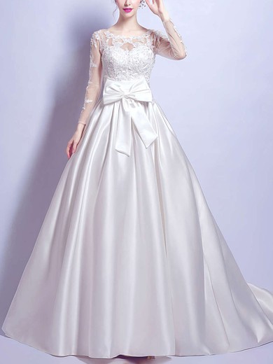 Ball Gown Illusion Satin Court Train Wedding Dresses With Appliques Lace #Milly00022879