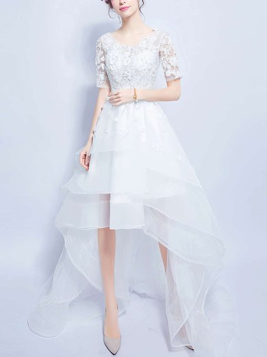 Unique A-line Scoop Neck Organza Tulle Asymmetrical Appliques Lace 1/2 Sleeve High Low Wedding Dresses #Milly00022880