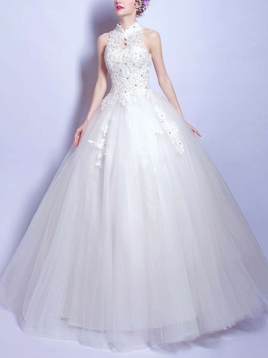 Ball Gown High Neck Tulle Floor-length Wedding Dresses With Beading #Milly00022881