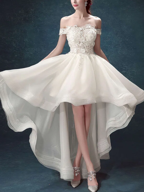 Different A-line Off-the-shoulder Organza Tulle Asymmetrical Appliques Lace High Low Wedding Dresses #Milly00022882