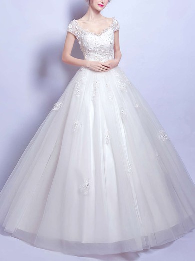 Ball Gown V-neck Tulle Floor-length Wedding Dresses With Appliques Lace #Milly00022884