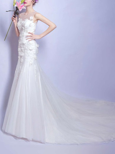 Trumpet/Mermaid Illusion Tulle Court Train Wedding Dresses With Appliques Lace #Milly00022886