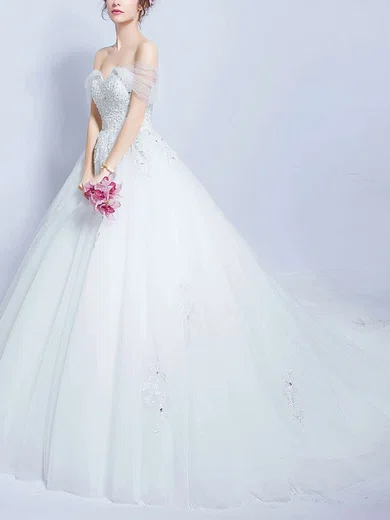 Ball Gown/Princess Off-the-shoulder Tulle Court Train Wedding Dresses With Beading #Milly00022888